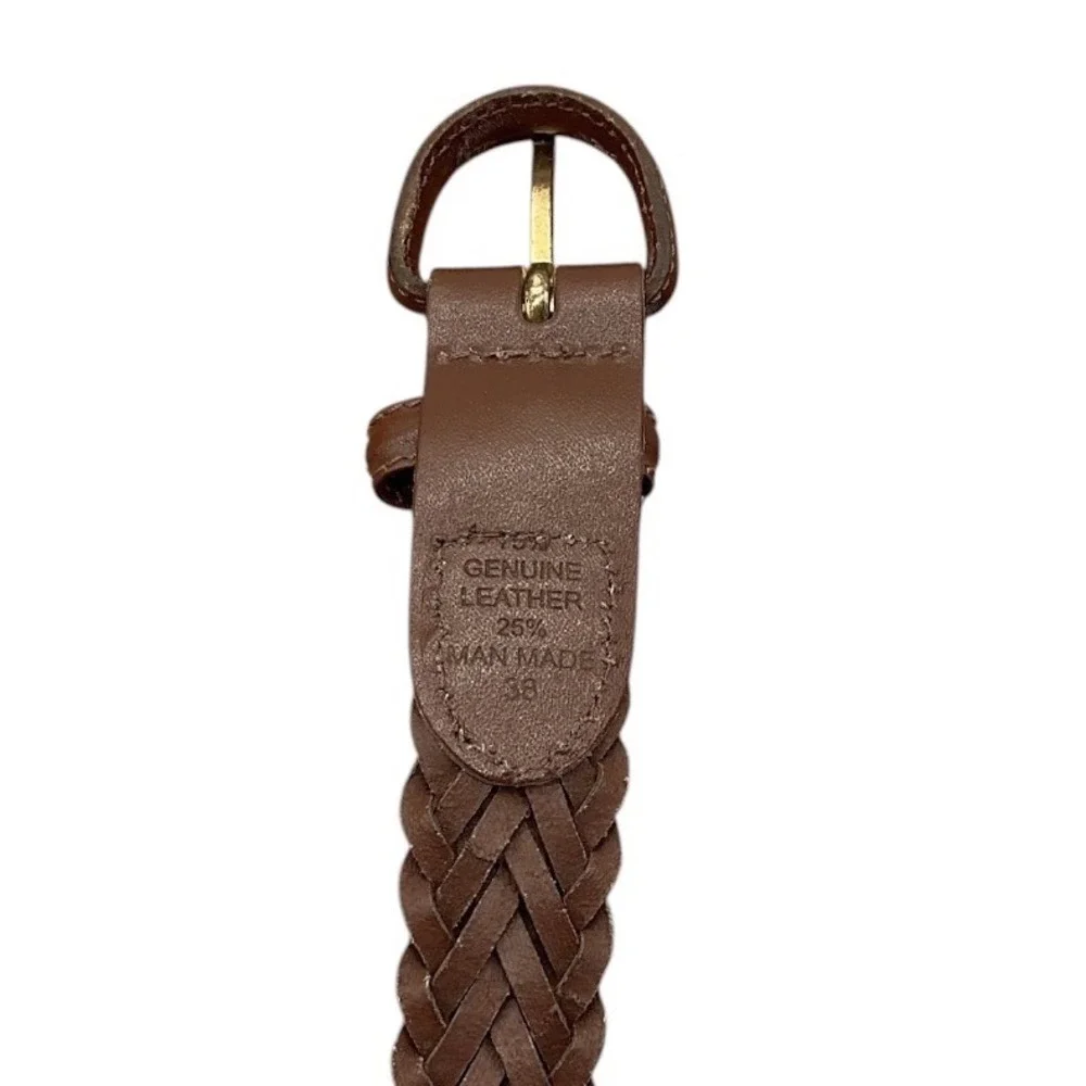 Womens Brown Braided Genuine Leather Belt Gold Buckle‎ Size 38 Woven Adjustable